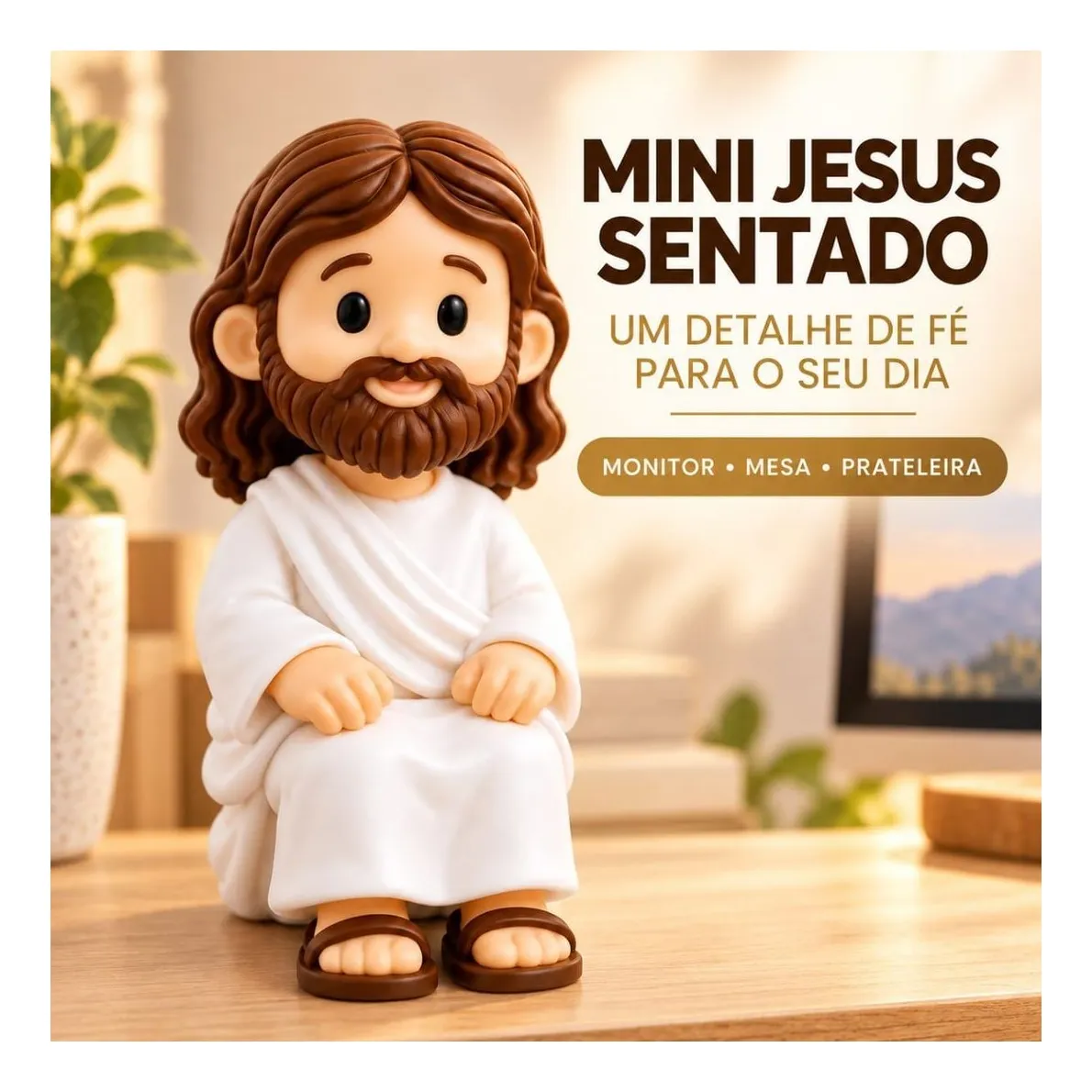 Mini Jesus Sentado – Boneco Decorativo para Mesa, Computador e Carro
